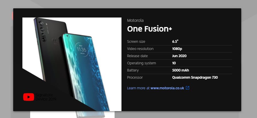 Motorola One Fusion+ aparece em lista do YouTube Device Report