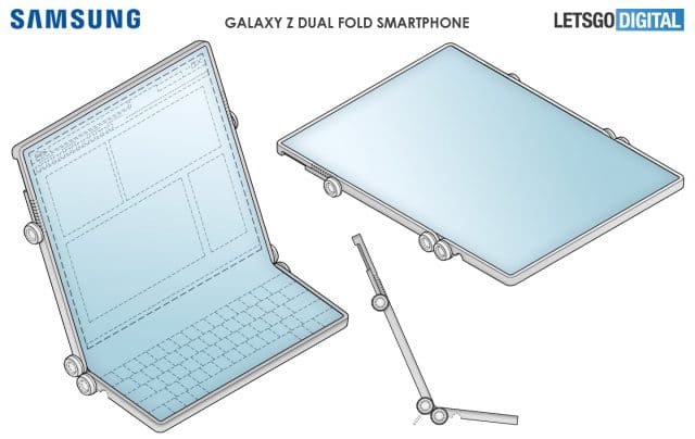 Patente do Galaxy Z Dual Fold mostrando o celular dobrado como um laptop.