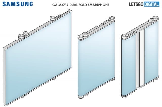 Patente do Galaxy Z Dual Fold mostrando ele integralmente e dobrado ao meio, visto de frente e de trás.