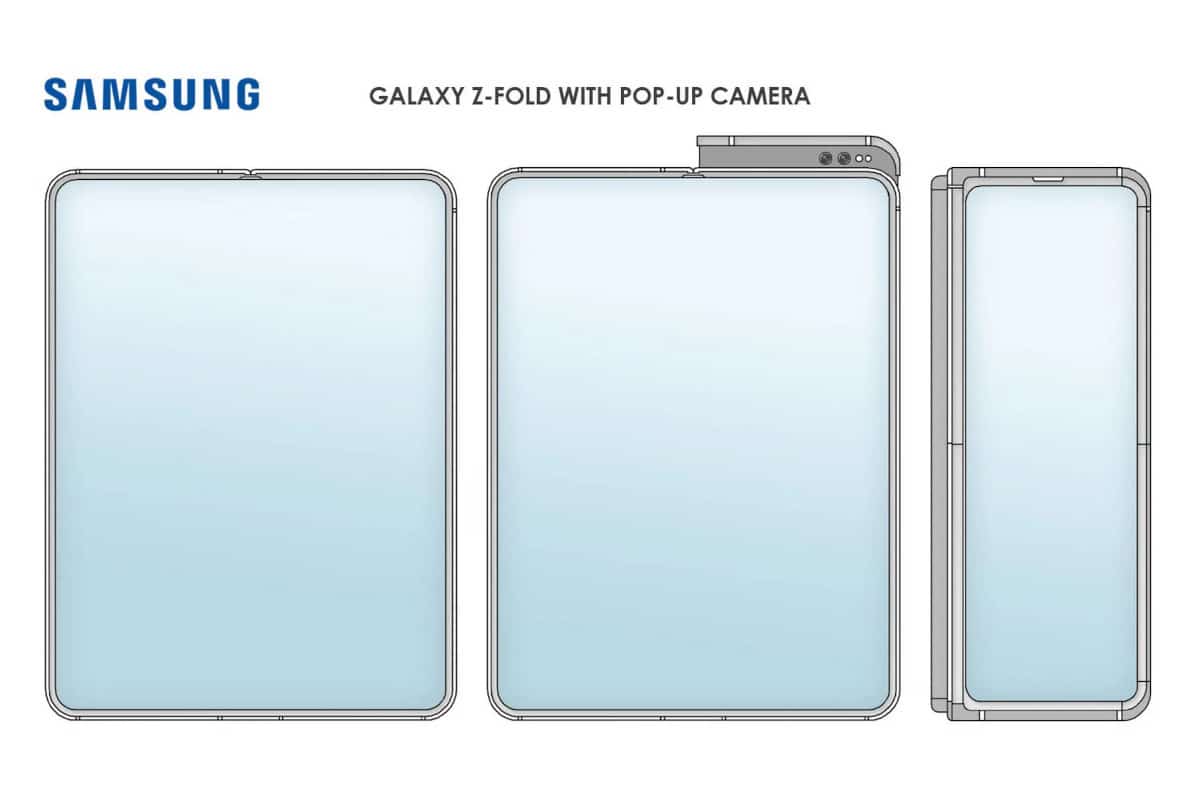 Imagem da patente do novo celular Samsung de tela dobrável e câmera pop-up