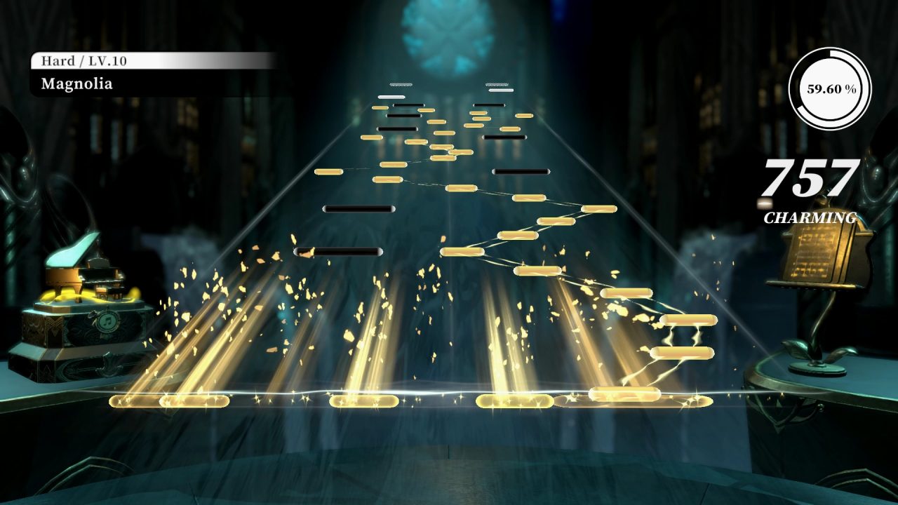 Tela do game Deemo Reborn, tabuleiro com teclas de piano que deverão ser apertadas na ordem certa pelo jogador