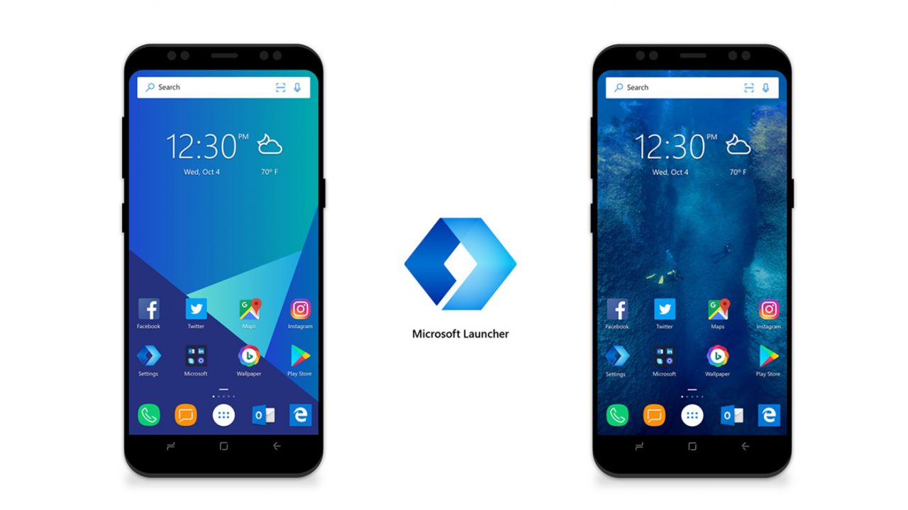 Microsoft Launcher ganha nova versão para Android. Imagem mostra a interface do app Microsoft em dois celulares, é possível ver os ícones e o layout da interface proposta pela Microsoft. Ao centro, o símbolo do aplicativo com as palavras "Microsoft Lancher".