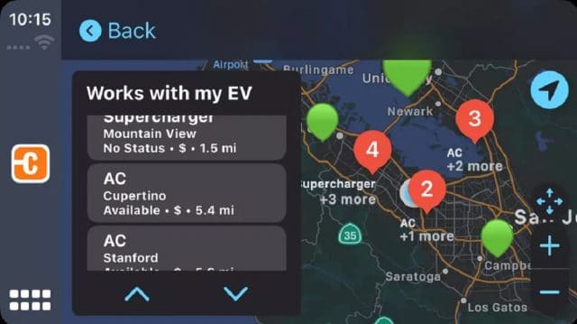 Screenshot do aplicativo ChargePoint e seu sistema de georreferenciamento para postos de reabastecimento elétrico