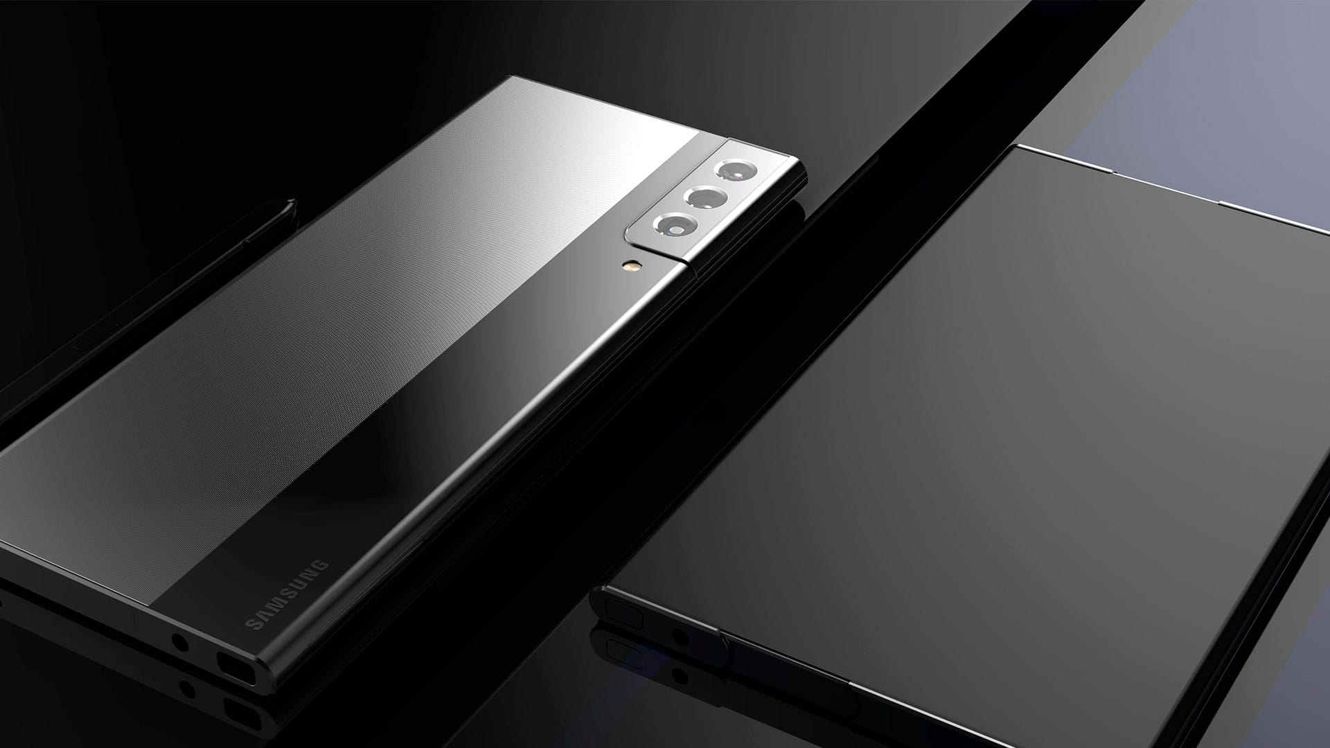 Protótipo de Galaxy Note com tela enrolável mostra traseira do aparelho com detalhes em alto relevo e câmera tripla