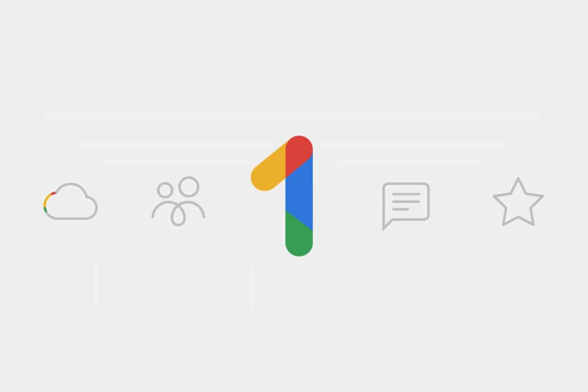 Identidade visual do Google One, com um "1" centralizado entre dois ícones