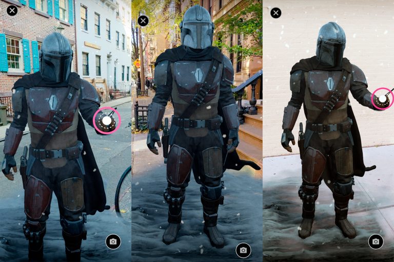 Telas do app de realidade aumentada do Mandalorian do Google. Divulgação: Google/Lucasfilm