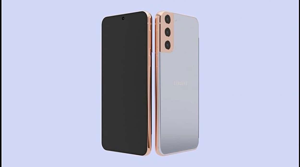 Desenho de dois smartphones Galaxy S21, feitos com base em vazamentos de informações. Imagem mostra parte traseira em cor rosa e câmera tripla e tela desligada na frontal