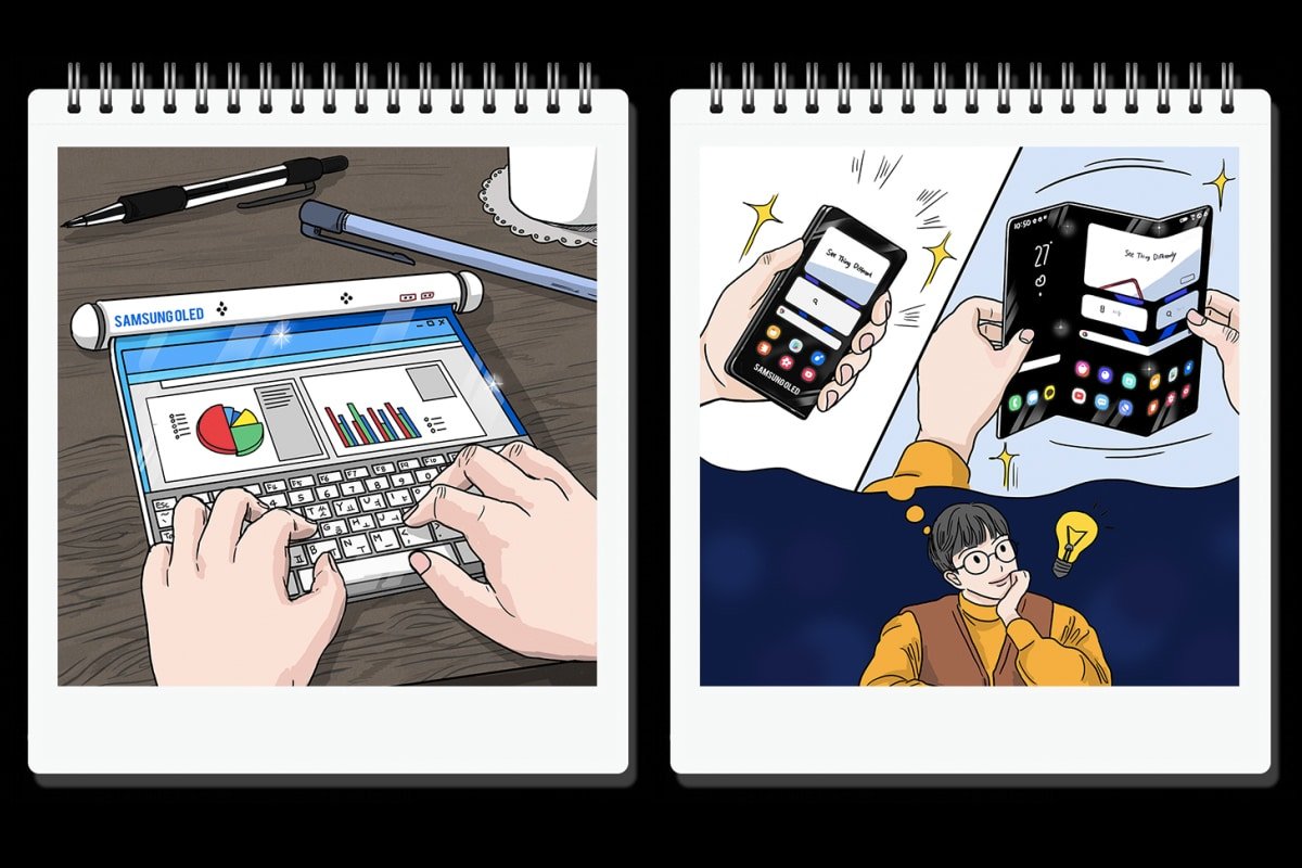 Conceitos de tela enrolável e tela dobrável mostrados no site da Samsung. Imagem: Montagem Vida Celular sobre imagens de divulgação da Samsung