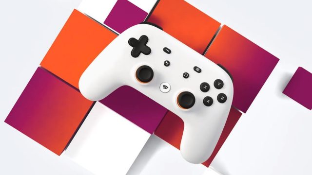 Imagem de divulgação Stadia Pro, inclui um joystick Stadia Controller com um fundo laranja e roxo