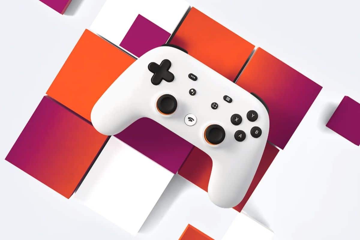 Imagem de divulgação Stadia Pro, inclui um joystick Stadia Controller com um fundo laranja e roxo