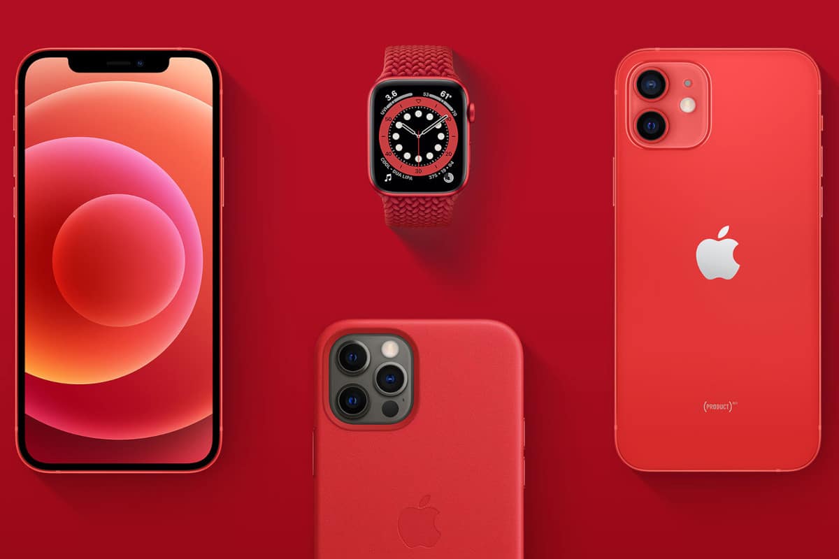 Produtos da Apple na cor vermelha que apoiam a RED na luta contra o Covid