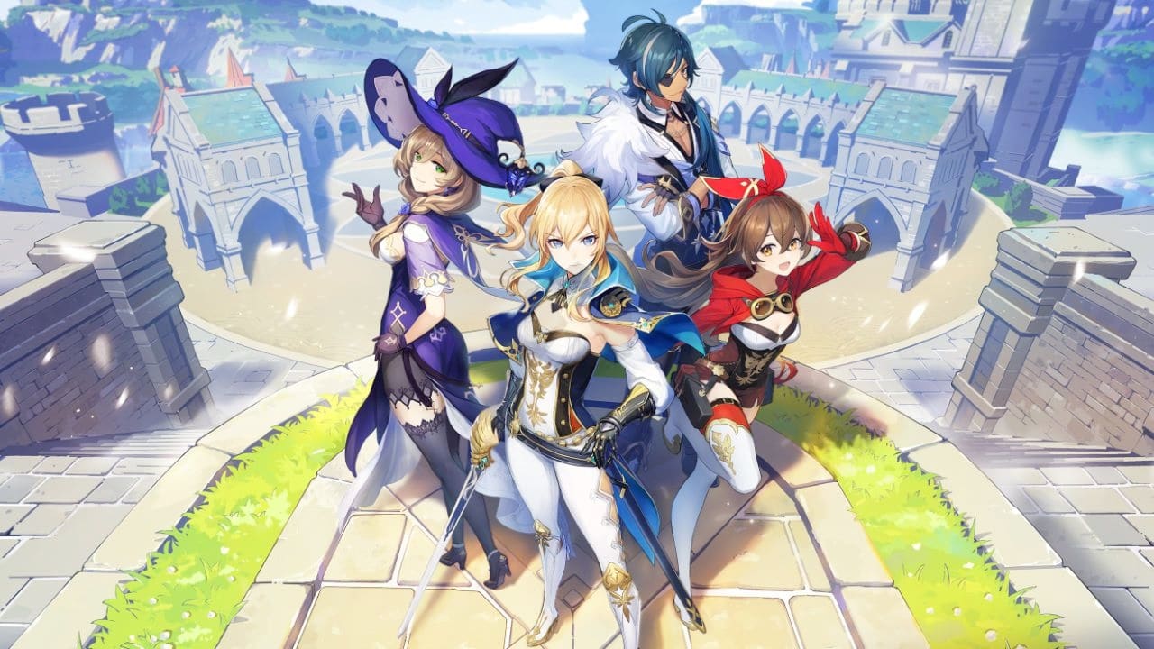 Arte mostra quatro guerreiros do universo de Genshin Impact, uma bruxa, uma cavaleira, uma arqueira e um guerreiro, ao fundo é possível ver um castelo. Título está entre os melhores jogos de 2020