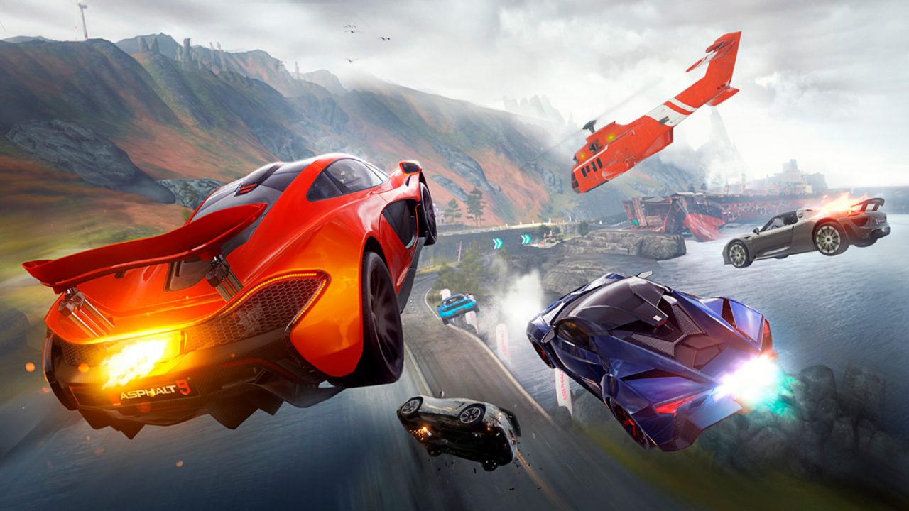 Poster do game Asphault-9 mostra carros de corrida voando em direção as pistas, ao fundo uma paisagem paradisíaca - Samsung anuncia Game Drive que otimizará a experiência de jogos no Galaxy S20 e Note 20