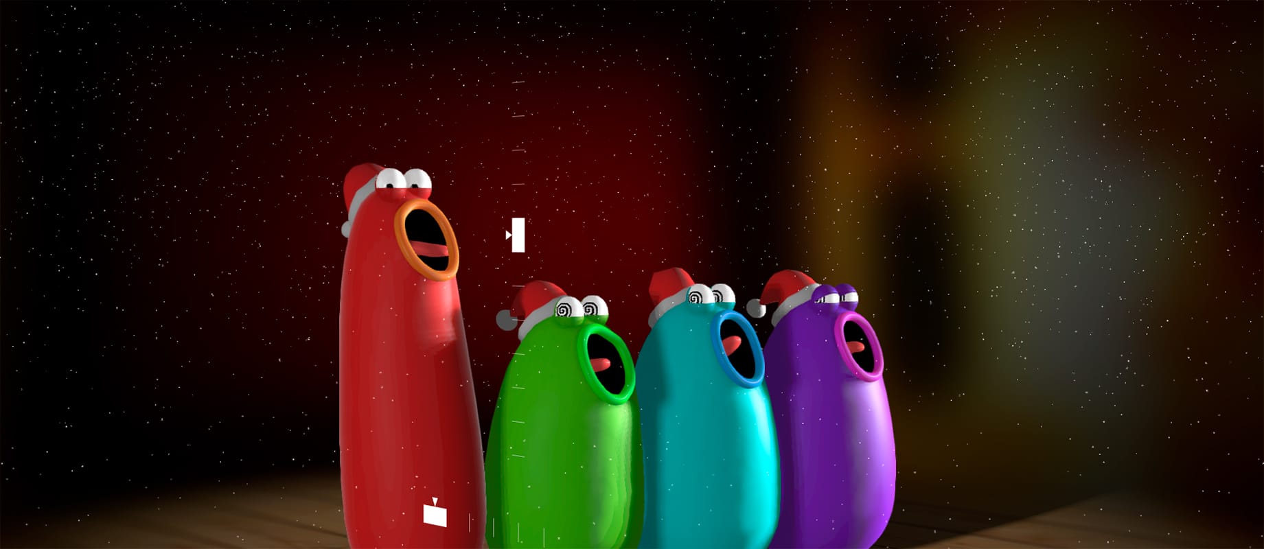 Imagem mostra o aplicativo Blob Opera - quatro bolhas animadas cantando vestidas com um chapéu de Papai Noel - app desenvolvido pelo Google Arts & Culture permite aos usuários a criação de canções por meio da inteligência artificial