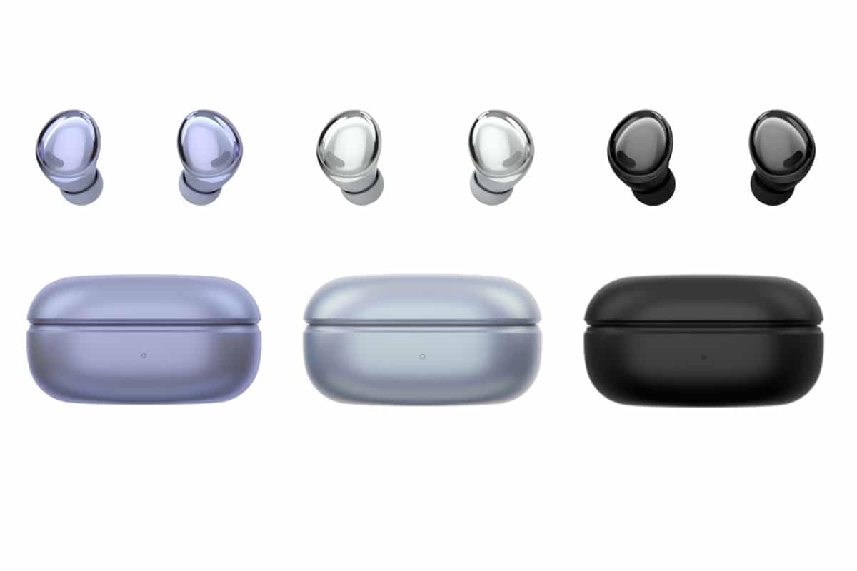 três pares de fones galaxy bud em cima de seus respectivos cases