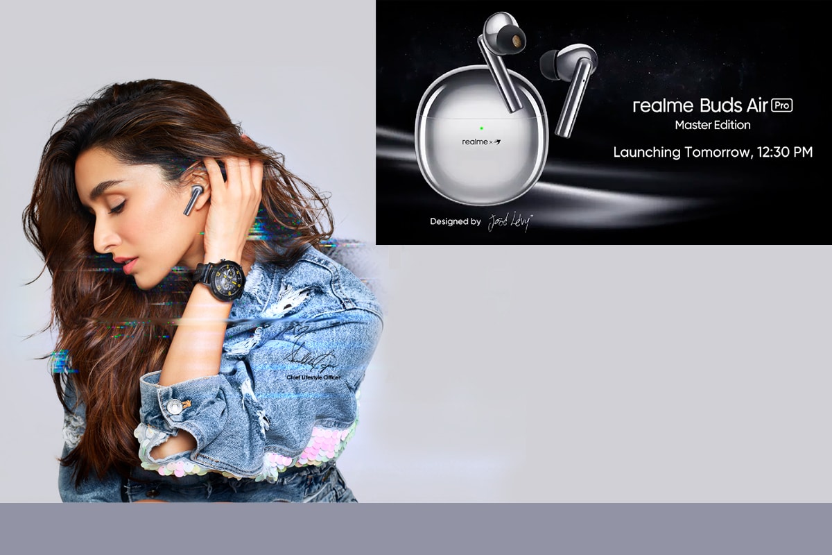 moça usando o fone Realme Buds Air Pro Master Edition e o relógio inteligente Watch S Pro