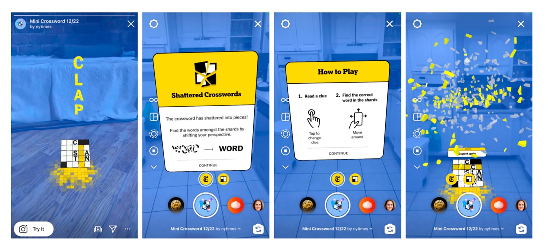 The New York Times lança filtro de Instagram que une palavras-cruzadas com realidade aumentada. Aplicação é fruto de parceria com o Facebook. Imagem: The New York Times