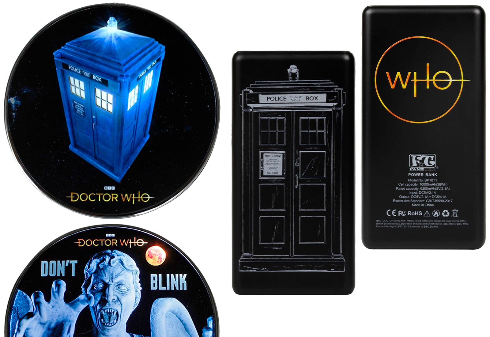 Imagem mostra o carregador sem fio e a power bank inspirada no universo de Doctor Who - peças possuem formato circular e retangular e ilustrações com personagens e elementos da série de TV