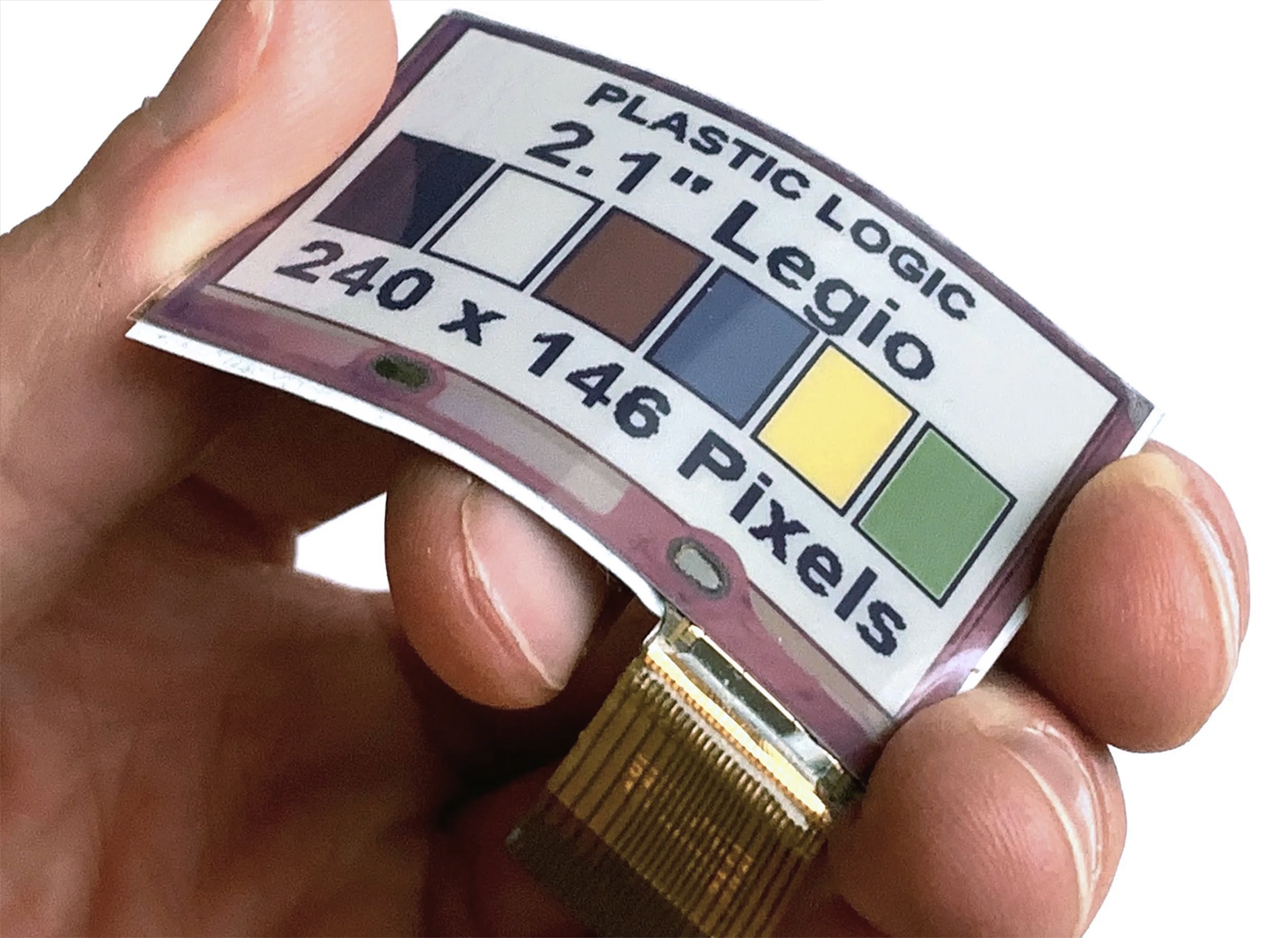 mão segurando painel 2,1" Legio da Plastic Logic