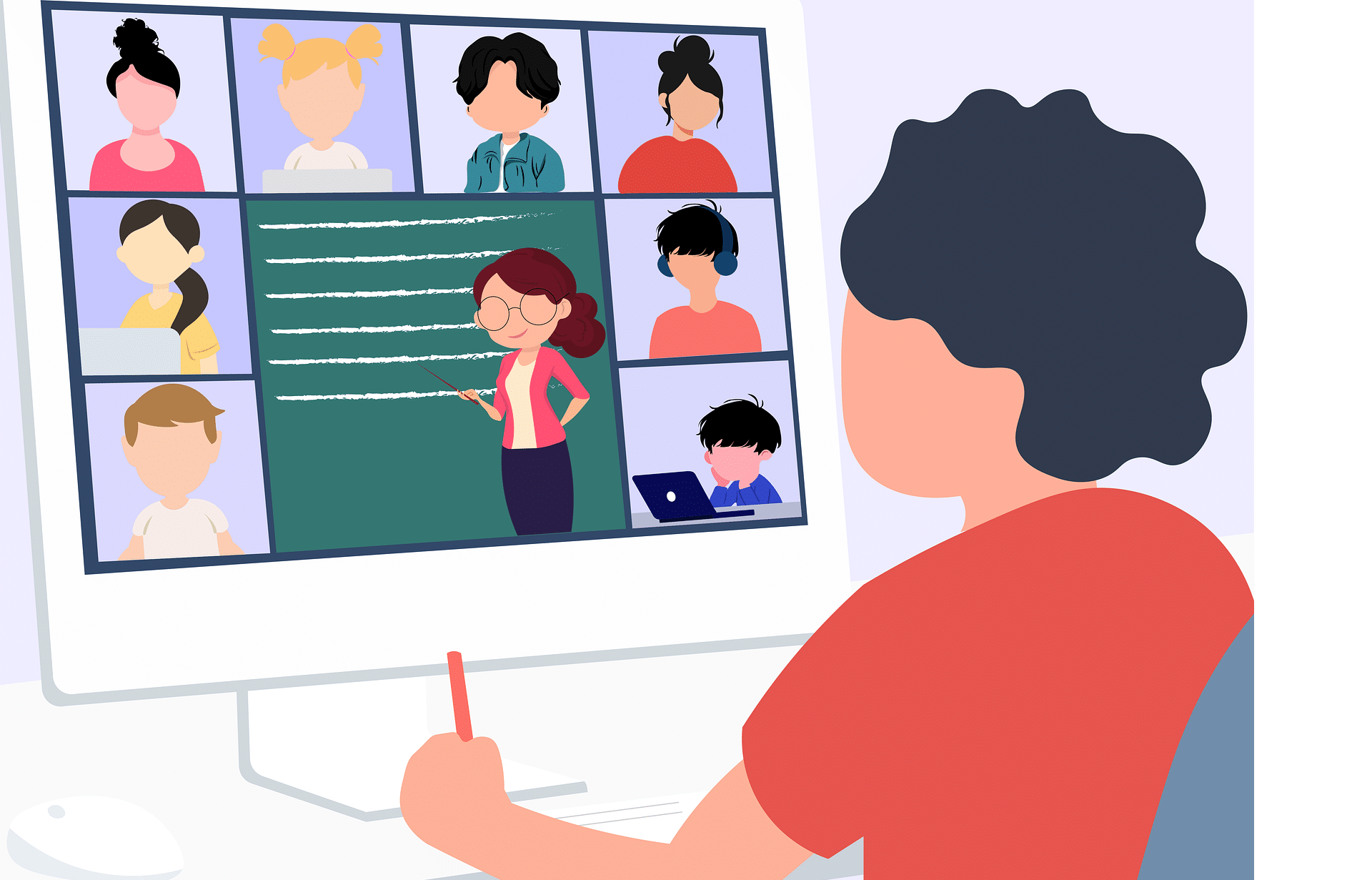 Imagem com desenhos ensino remoto simula uma aula no Microsoft Teams que passou por atualizações