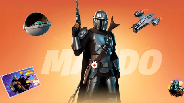 Anúncio do Fornite mostra os personagens Mandalorian e Baby Yoda. Ao fundo, uma tela laranja escrito Mando, uma nave em miniatura e stickers com o capacete do personagem