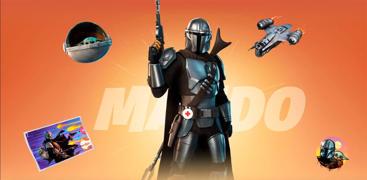 Anúncio do Fornite mostra os personagens Mandalorian e Baby Yoda. Ao fundo, uma tela laranja escrito Mando, uma nave em miniatura e stickers com o capacete do personagem