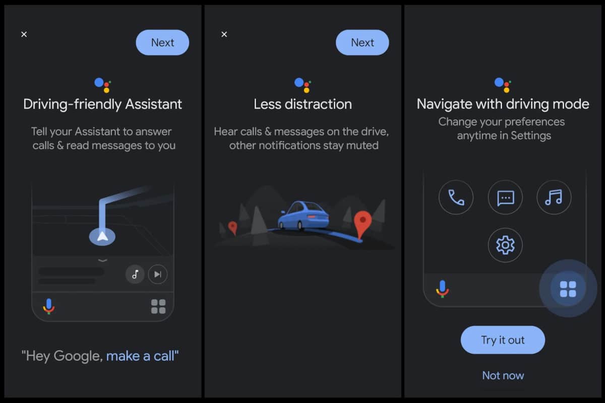 Screenshots do modo de direção do Google Assistente