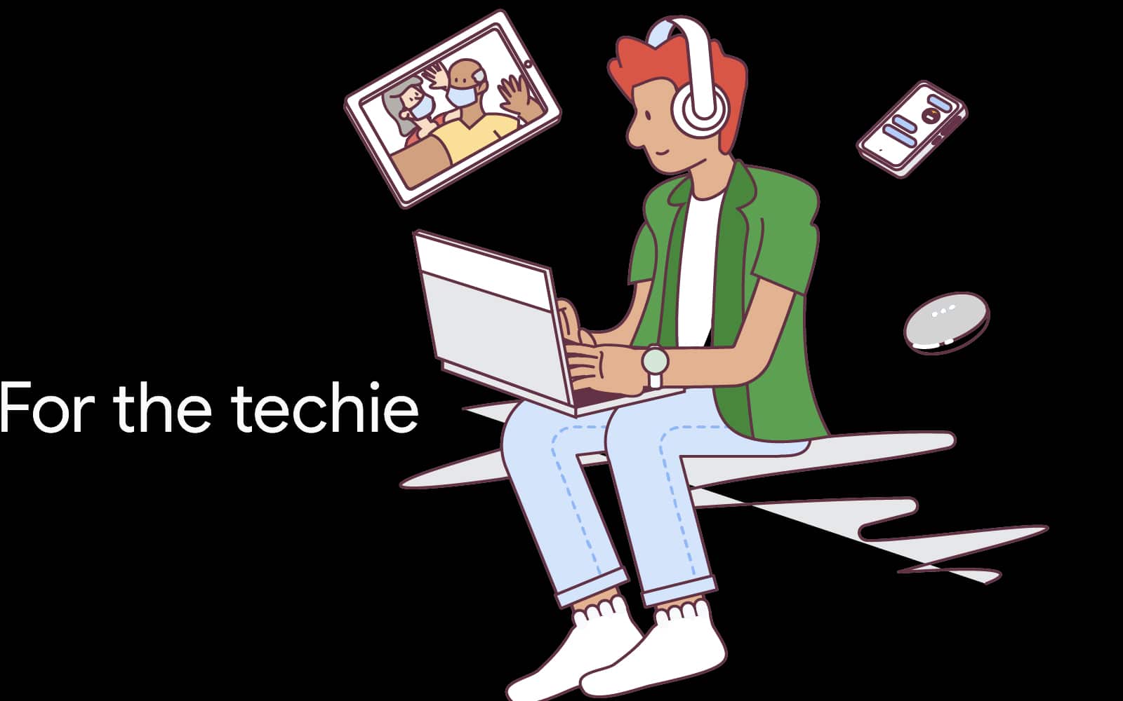 ilustração de um menino com fones de ouvido utilizando um notebook e várias menções a itens de tecnologia