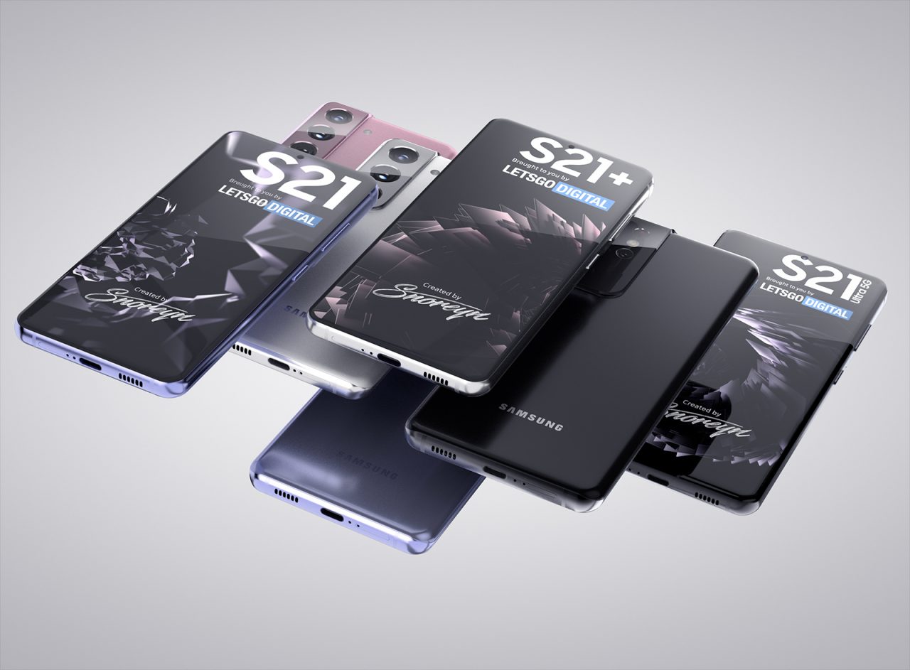 Linha Galaxy S21 aparece em imagens renderizadas feitas por Giuseppe Spinelli, o Snoreyn para o LetsGoDigital, além de uma imagem dos vidros das telas
