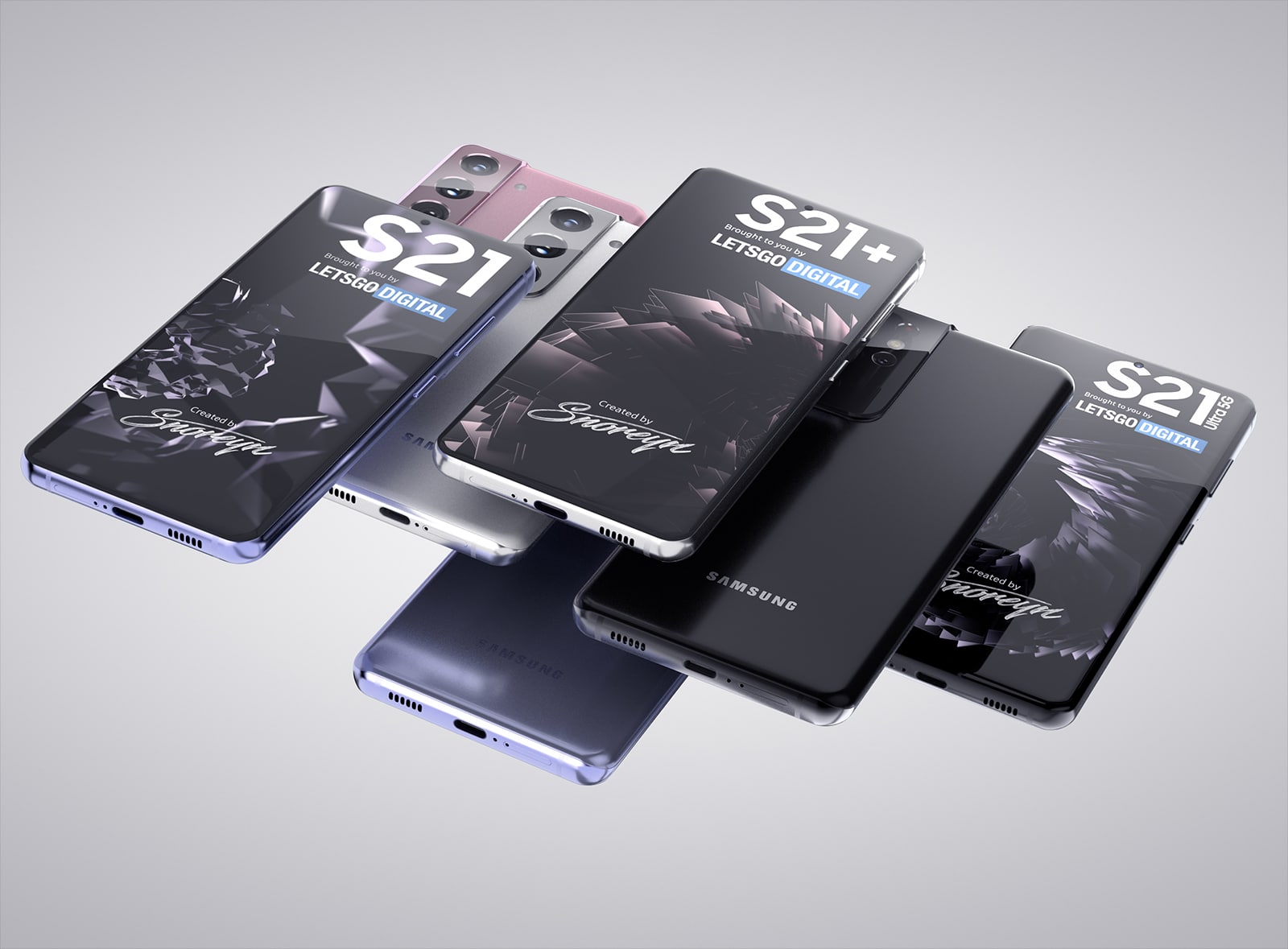 Linha Galaxy S21 aparece em imagens renderizadas feitas por Giuseppe Spinelli, o Snoreyn para o LetsGoDigital, além de uma imagem dos vidros das telas