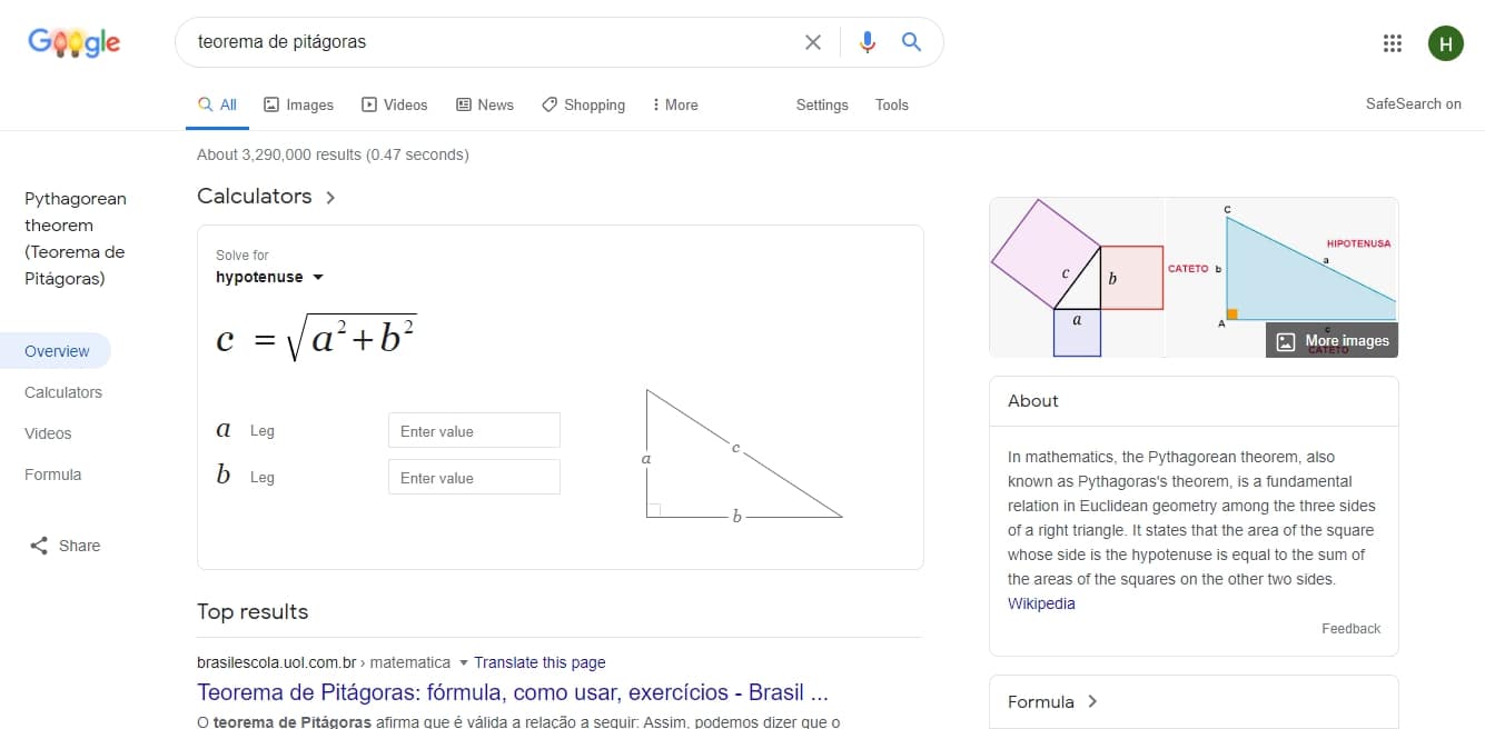 Busca por Teorema de Pitágoras no Google