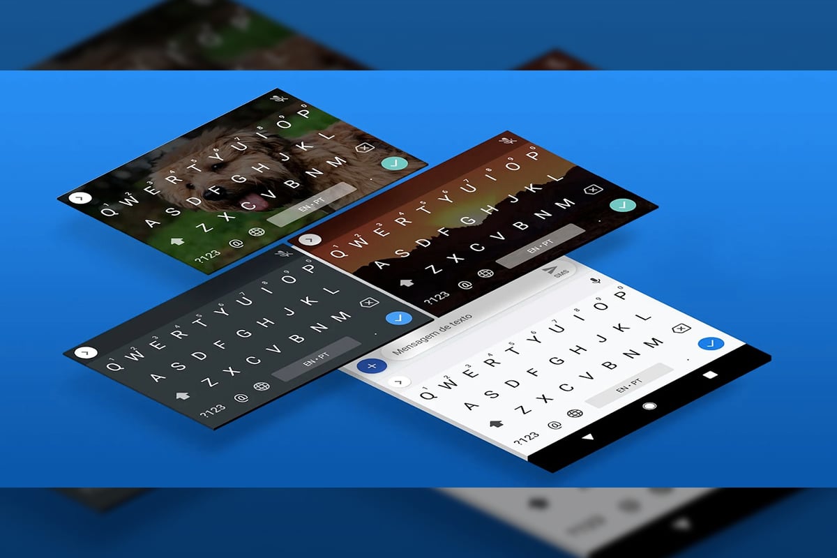 Imagem mostra quatro versões do Teclado do Android, nas cores preta, branco e duas com fundo colorido. Ao fundo dos teclados há uma tela infinita azul. Google anunciou novo layout para Gboard - visual se aproximará da interface do Google Pixel