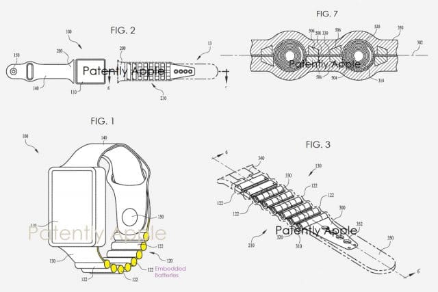 4 ilustrações da pulseira inseridas na patente, com detalhes de tamanhos e disposição das partes