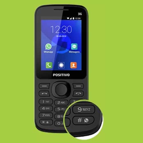 celular Positivo P70s com destaque para botão de chamada por WhatsApp