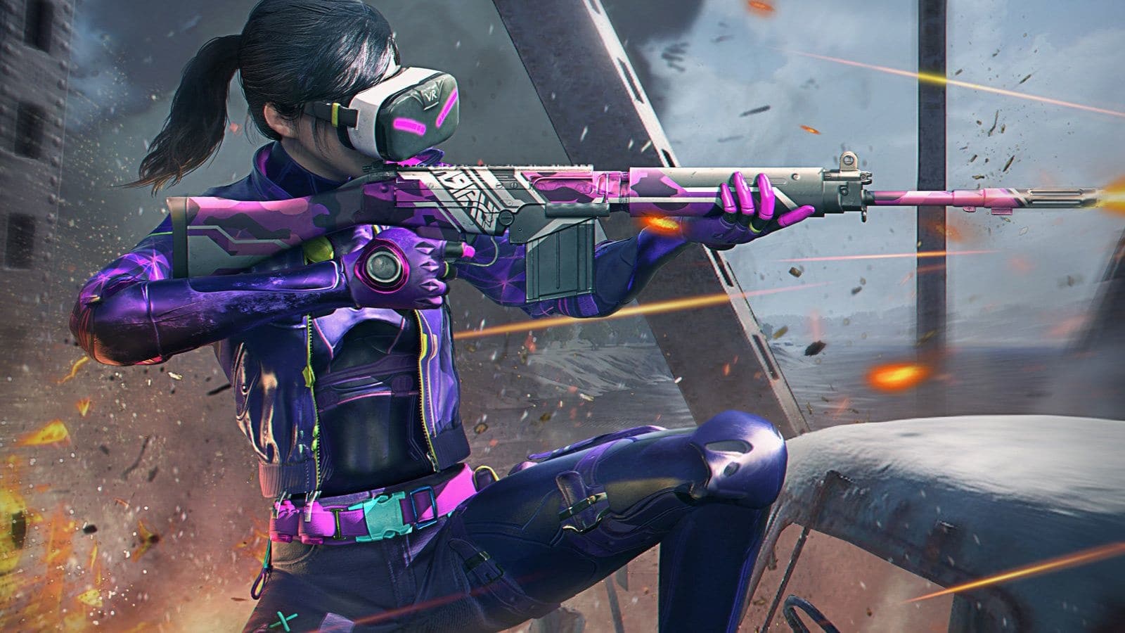 PUBG Mobile está entre os jogos mais rentáveis de 2020 - lista inclui Pokémon GO e Roblox - imagem mostra uma guerreira vestindo uniforme de batalha roxo, uma máscara de motocross e uma metralhadora rosa, ao fundo uma explosão em um cenário que lembra uma ponte