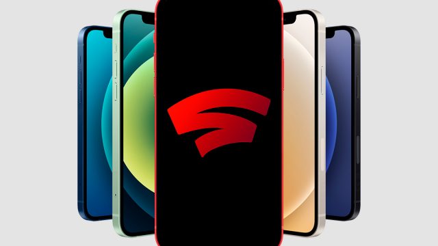 Google Stadia chega ao iPhone - imagem mostra os novos iPhone 12 - a tela do aparelho do centro exibe o logo S de Stadia - plataforma de streaming de jogos concorre com a xCloud da Microsoft