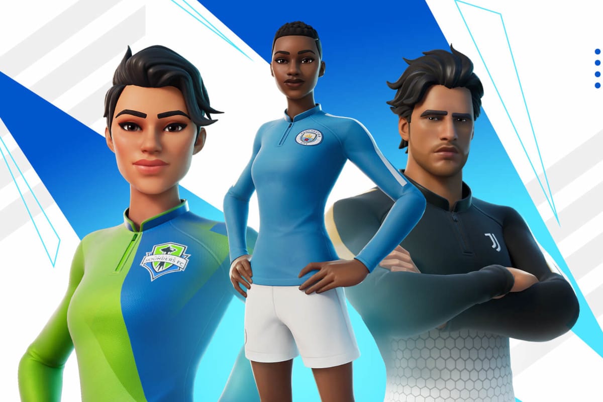 Imagem das novas skins de futebol do Fortnite e do gesto do Pelé