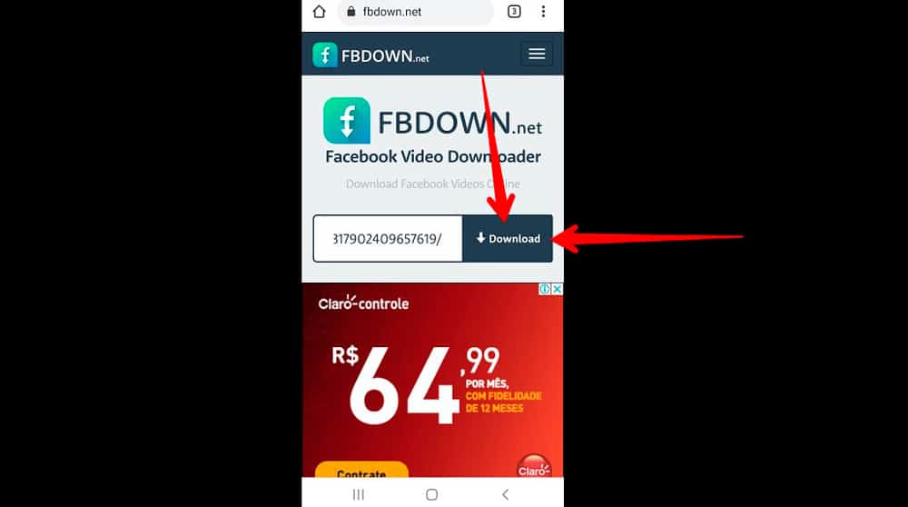 tela do FBDown.net com link do Facebook colado e setas apontando para o botão de baixar vídeos