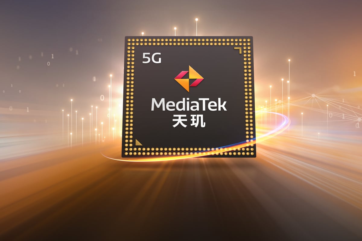 chip 5G da MediaTek com efeito de luzes douradas ao redor