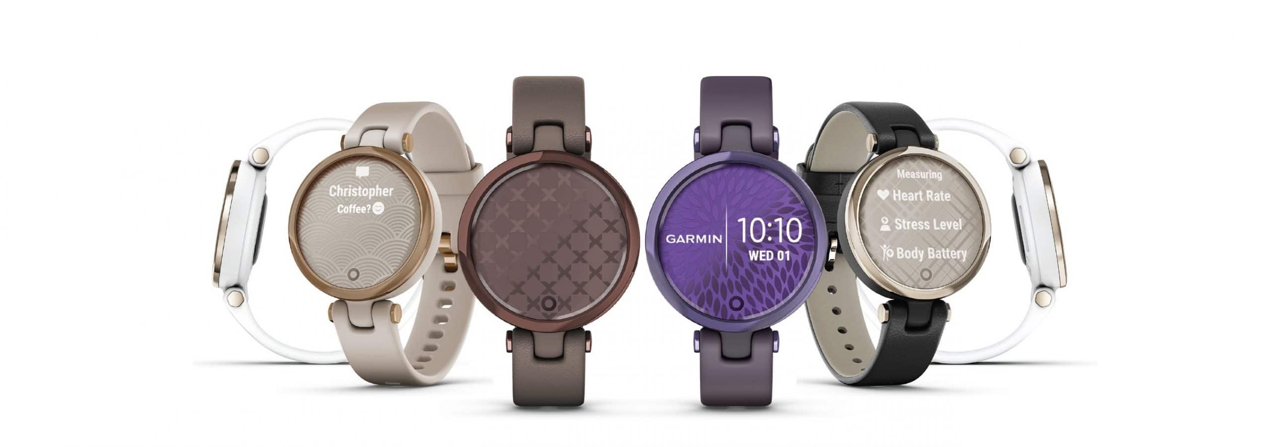 Imagem dos smartwatches Garmin Lily, em várias cores de tela