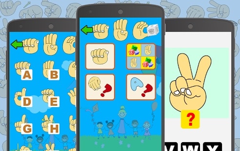 tela do aplicativo com ilustrações de língua de sinais e letras