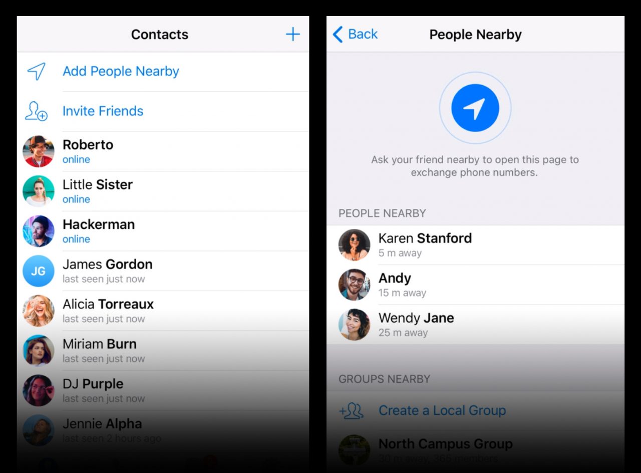 telas do aplicativo Telegram com lista de contatos