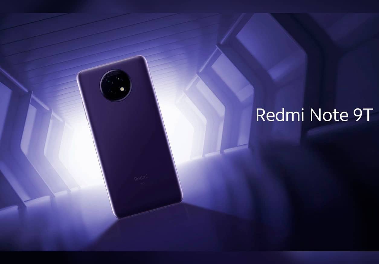 smartphone Redmi Note 9T em arte com luzes roxas em formatos angulares em volta
