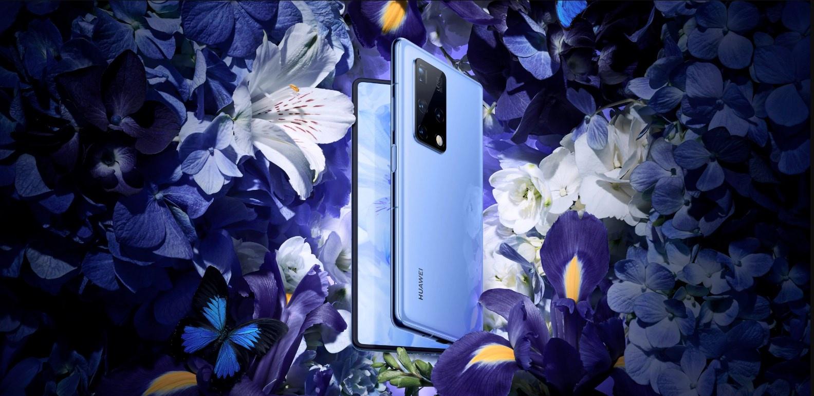 Smartphone dobrável Mate X2 em montagem com várias flores ao fundo