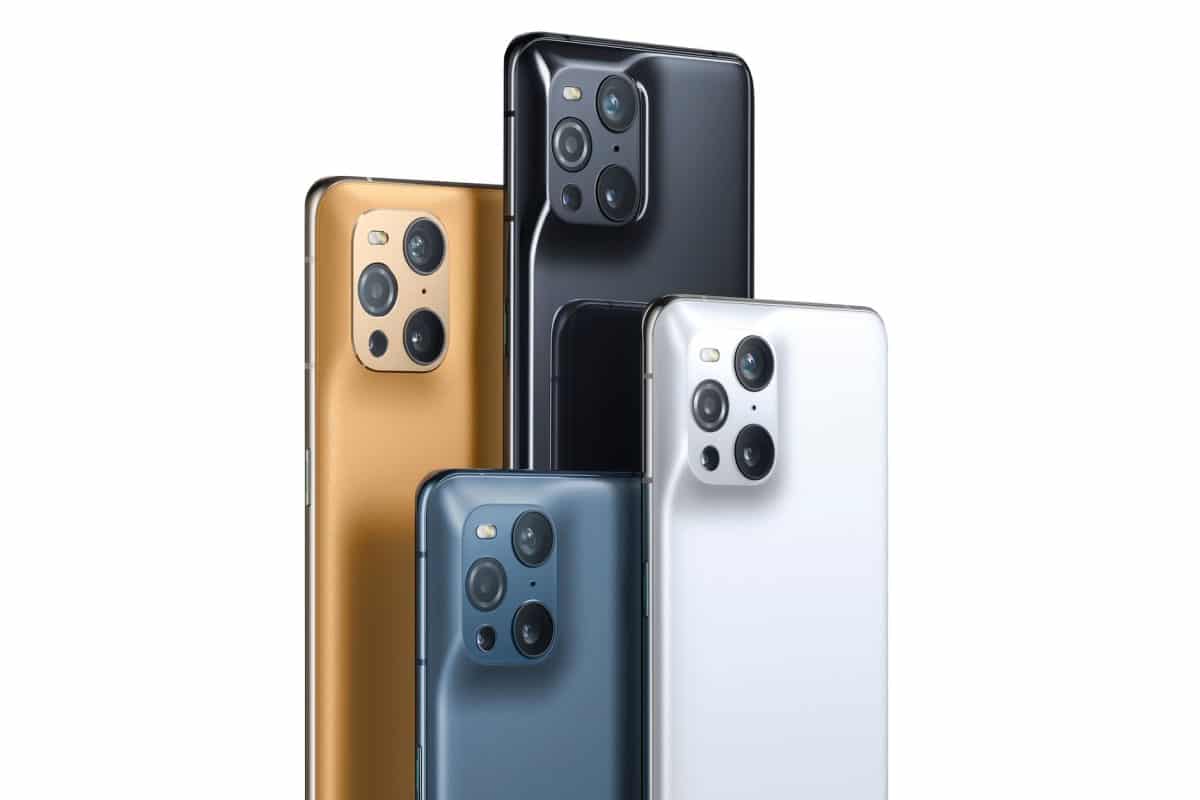 Imagem renderizada de quatro celulares Oppo Find X3