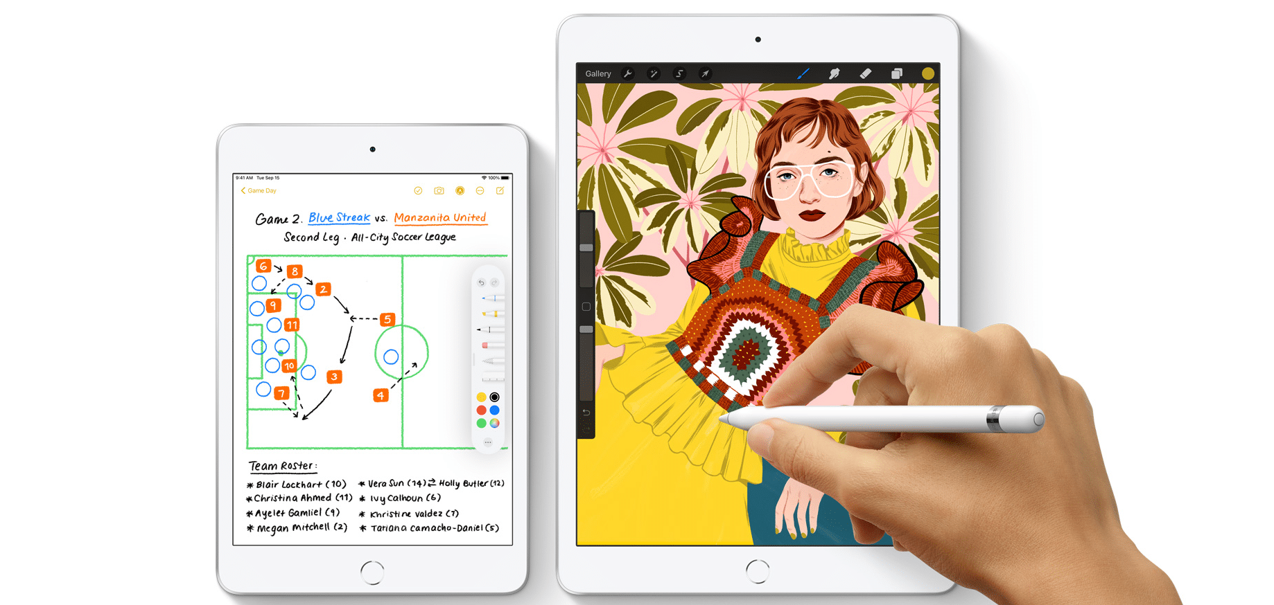 Imagem apresenta o iPad sendo utilizado com a Apple Pencil, stylus atualmente com ponta embutida, mas patente aponta para a possibilidade de nova geração com pontas intercambiáveis