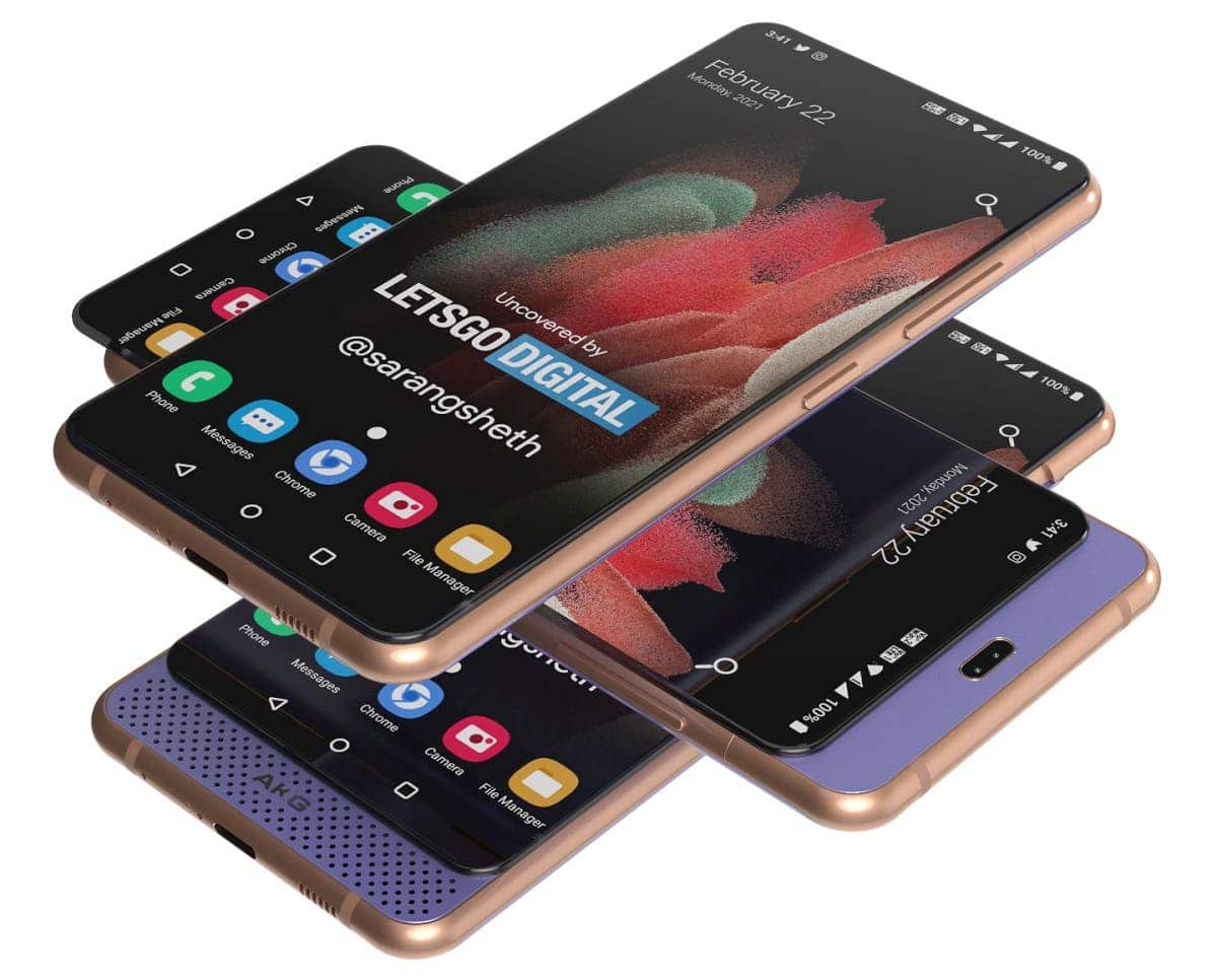 montagem com o suposto Samsung Galaxy A82 e seu slider duplo, revelando módulo de câmera selfie e também alto-falantes AKG