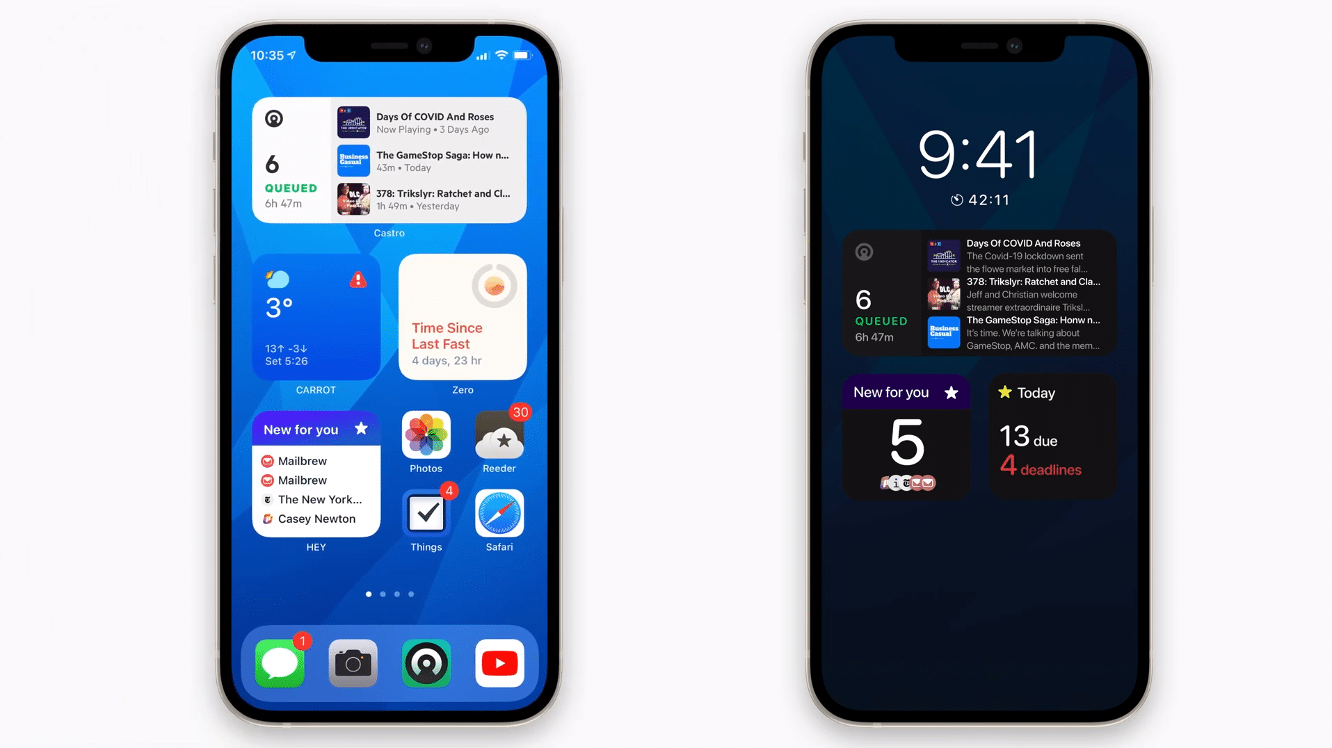 Conceito para iPhone 13 imagina como Always-On Display poderia ser implementado, apresentando tela colorida e com widgets para informações de notificações, hora, bateria, e atalhos