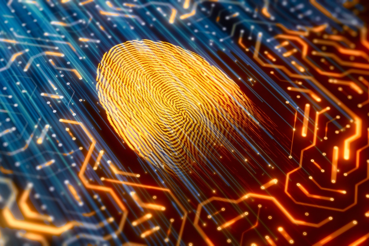 impressão digital em uma malha de dados digitais, fazendo analogia aos dados pessoais na era da internet e os riscos de vazamento