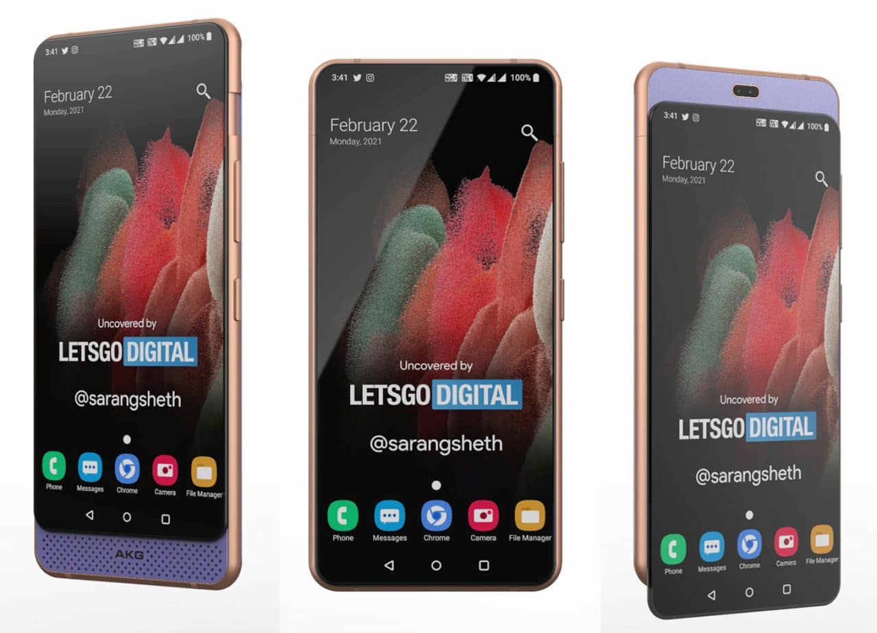 montagem com o suposto Samsung Galaxy A82 e seu slider duplo, revelando módulo de câmera selfie e também alto-falantes AKG
